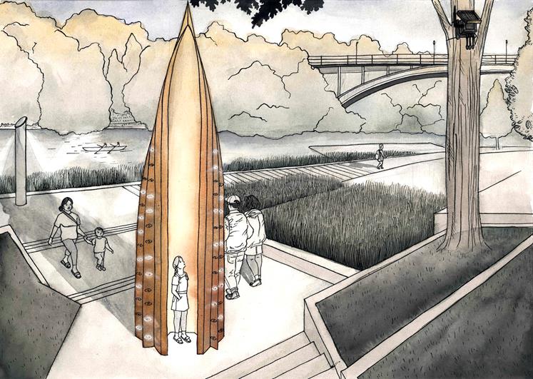 Artist's impression of Tōia Mai, Hamilton’s new interactive waka sculpture to be gifted by Wintec.