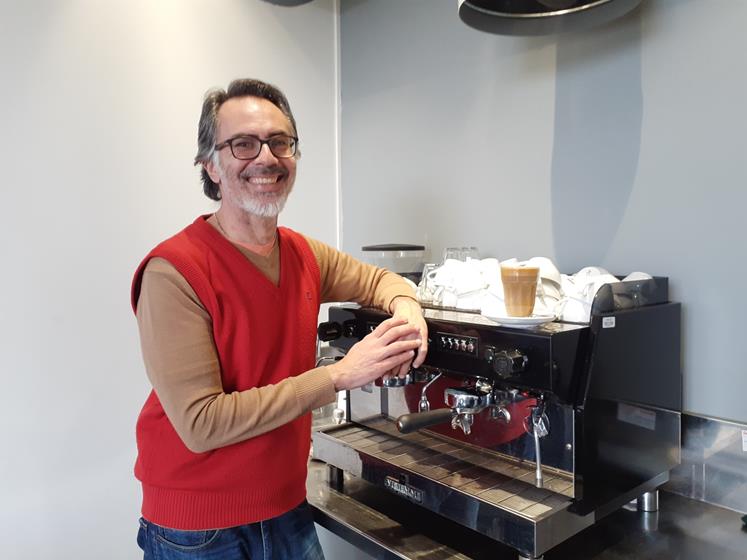 Programme coordinator Marco Guimaraes at the training coffee machine at Wintec