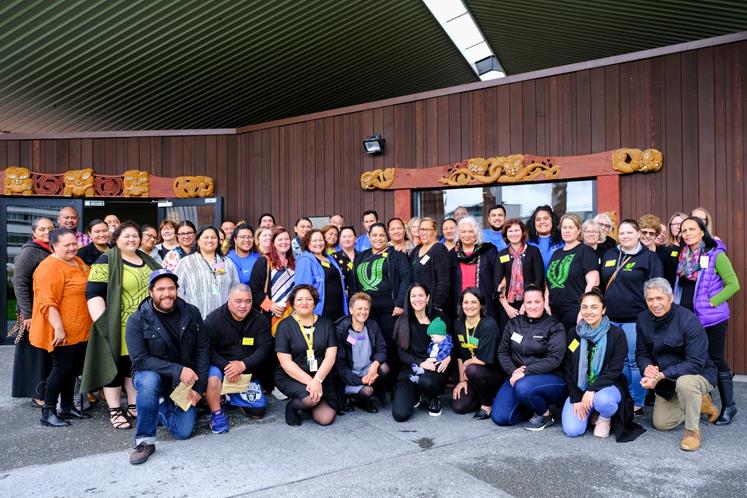 Wintec staff and conference delegates outside Te Kōpū Mānia o Kirikiriroa Marae for New Zealand’s first Māori and Pasifika Tertiary Learning Advisors’ Hui-Fono. Photo_ Frances Kroondijk